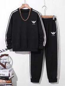 青少年男孩休閒簡約寬鬆舒適長袖圓領衛衣2件套，適合秋冬穿著 - 彩色 - 查看 4