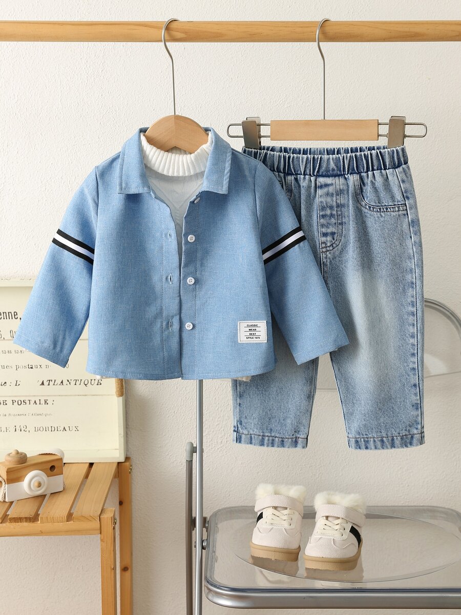 SHEIN 男嬰牛仔襯衫套裝,秋冬新款長袖襯衫與休閒水洗牛仔褲2件套,百搭外穿,寬鬆極簡休閒風 - 白色 - 查看 1