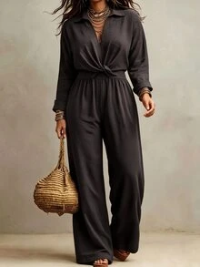 Weeklong Plus Size Collared Twist Front Long Sleeve Wide Leg Casual Jumpsuit Fall - Brown - View 6