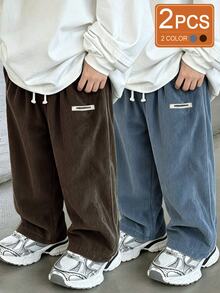 SHEIN Vintaside Kids 2件組幼兒男童燈芯絨長褲 學院風可愛棕色與藍色抽繩彈性腰羅紋直筒寬腿戶外秋季聖誕假期褲 - 彩色 - 查看 1