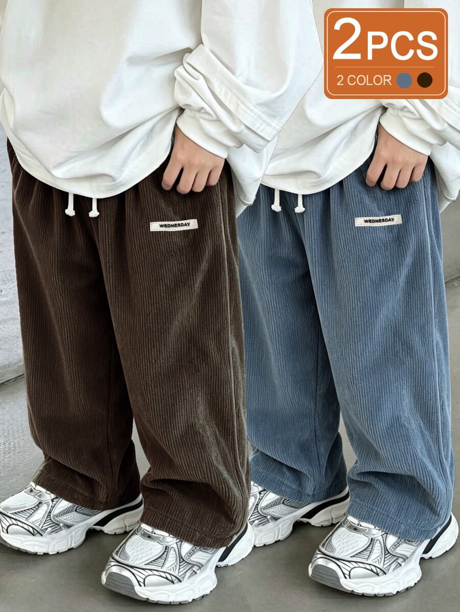 SHEIN Vintaside Kids 2件組幼兒男童燈芯絨長褲 學院風可愛棕色與藍色抽繩彈性腰羅紋直筒寬腿戶外秋季聖誕假期褲 - 彩色 - 查看 1