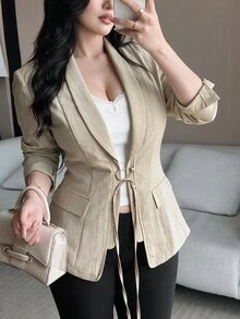 Feyla Plus Size Casual Elegant Drawstring Long Sleeve Blazer - Khaki - View 3