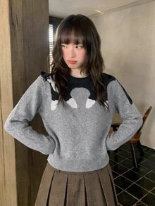 Comfortcana Women's Cute Korean Style Cat Jacquard Long Sleeve Sweater - Grey - View 11