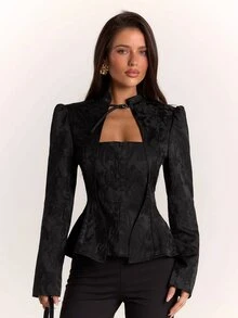 SHEIN BAE Women's Hollow Out Casual Daily Commute Travel Long Sleeve Blazer - Black - View 1