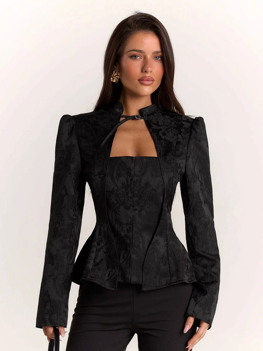 SHEIN BAE Women's Hollow Out Casual Daily Commute Travel Long Sleeve Blazer - Black - View 1