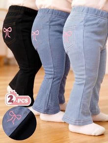 SHEIN 2件裝女嬰彈性喇叭褲，對比蝴蝶結印花，百搭萬用，柔軟加厚冬季款 - 彩色 - 查看 1
