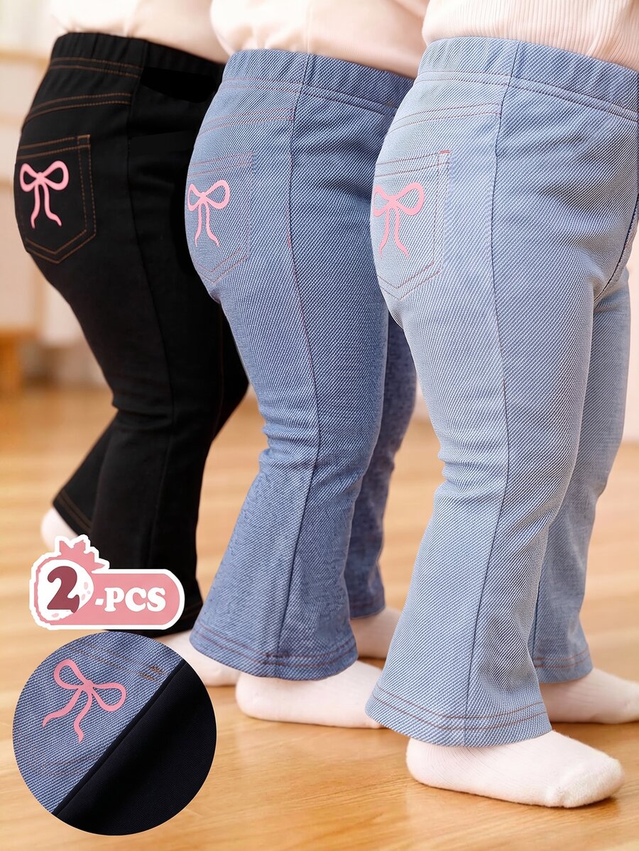 SHEIN 2件裝女嬰彈性喇叭褲,對比蝴蝶結印花,百搭萬用,柔軟加厚冬季款 - 彩色 - 查看 1