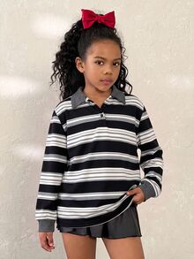 Tween Girls Casual Striped Kids Polo Collar Long Sleeve T-Shirt, Fall/Winter - Grey - View 6