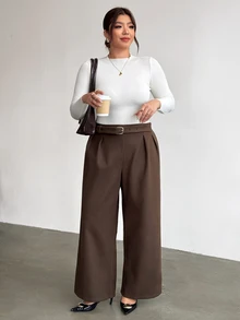 Firerie Plus Size Casual Elegant Metal Buckle Loose Pants - Brown - View 6