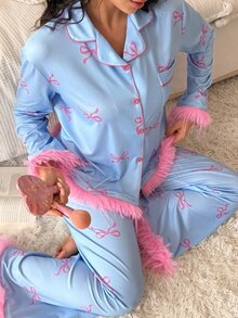 SweetSlumber Women's Sweet Romantic Colorblock Bow Print Contrast Trim Open Front Pajama Set - Blue - View 3