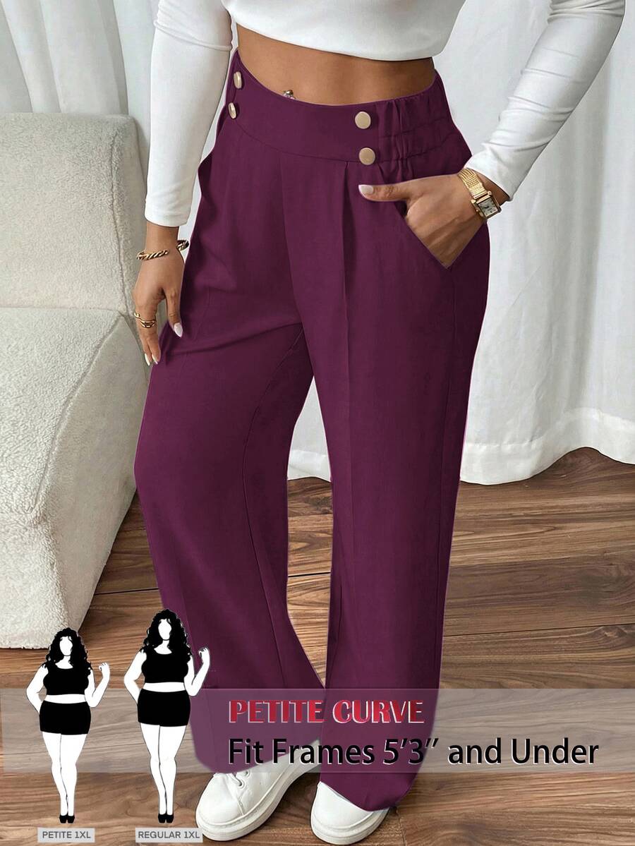 SHEIN PETITE CURVE Plus Size Women's Double Buckle Straight Leg Elegant Commuter Pants Fall - Red Violet - View 1