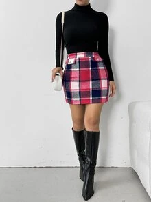 SHEIN Franclia 女款高腰鈕扣設計格紋優雅裙 - 彩色 - 查看 5