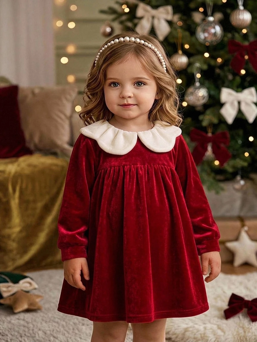 SHEIN Infant Girl Cute Corduroy Red Peter Pan Collar Colorblock Dress - Burgundy - View 1