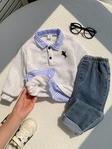 SHEIN 男女嬰兒/幼兒 2件組秋冬加厚抓絨內裡休閒可愛假兩件式運動衫套裝，牛仔色，嬰兒運動服，嬰兒冬季衣物，牛仔褲 - 藏蓝色 - 查看 3