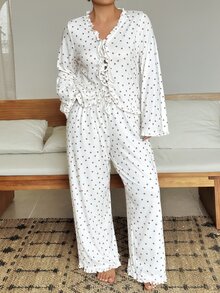 Dazy Plus Heart Print Frill Trim Tie Front Top & Lace Trim Long Pants Pajama Set - Apricot - View 7