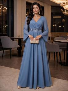 Auveirra Plus Size French Elegant 3D Floral Decor Long Sleeve Dress - Blue - View 5