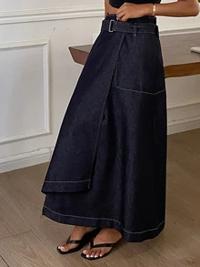 Dazy Tall Women's Long A-Line Casual Denim Skirt - Dark Wash - View 5