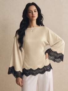 Poéselle Women's Lace Patchwork Casual Daily Long Sleeve Top - Khaki - View 4