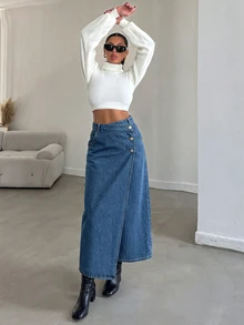 SHEIN MOD Women's Street Style Asymmetrical Waist Button Slit Denim Skirt - Light Wash - View 5