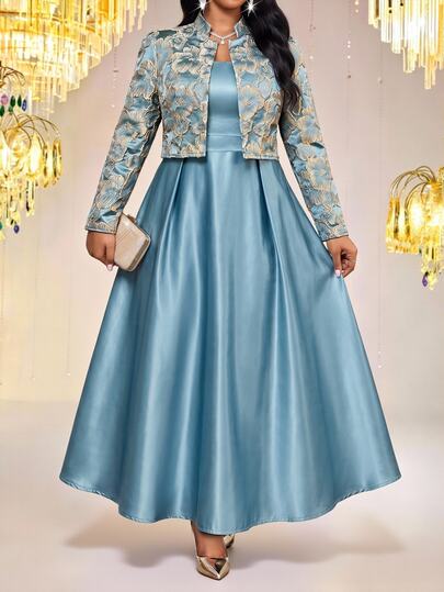 Fleurora Plus Size Elegant Satin Cami Dress With Jacquard Cardigan 2 Pieces Set