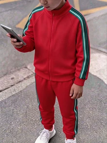 兒童 2 件組大童男孩休閒拼接色拉鍊立領運動上衣與運動長褲，適合聖誕節、秋季返校季節 - 紅色 - 查看 1