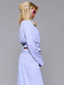 MUSERA Asymmetric Off The Shoulder Slouchy Ruched Gathered Waist Sweatshirt Coord Top Autumn Fall Winter Daily Back To School Pink Pony - Grey - View 3