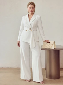 MOTF PREMIUM PLUS SIZE WOMEN'S ASYMMETRIC PLACKET MINIMALIST PROFESSIONAL BLAZER, DETACHABLE BELT - White - View 1