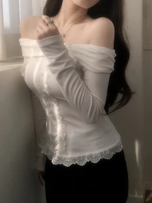 Dazy Tall Women's Off-Shoulder Korean Style Long Sleeve Lace Patchwork Versatile Fresh T-Shirt - White - View 4