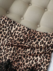 Franclia Sexy Leopard Print Plus Size Mini Skirt, High Waist Side Ruched Asymmetrical Slit Lash Lace Bodycon Skirt, Leopard Print Plus Size Skirt - Brown - View 6