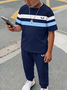 青少年男孩休閒舒適時尚簡約圓領短袖T恤與長褲套裝 - 彩色 - 查看 6