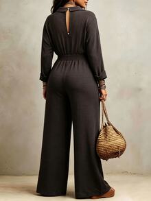 Weeklong Plus Size Collared Twist Front Long Sleeve Wide Leg Casual Jumpsuit Fall - Brown - View 2