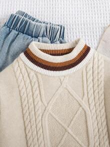 Cozy Pixies Kids Young Boy Colorblock Striped Knit Soft 3D Cable Texture Crew Neck Long Sleeve Pullover Autumn Sweater - Apricot - View 3