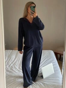 DAZY Women's Solid Color Long Sleeve Top And Pants Casual Daily Loungewear Set - Navy Blue - View 1