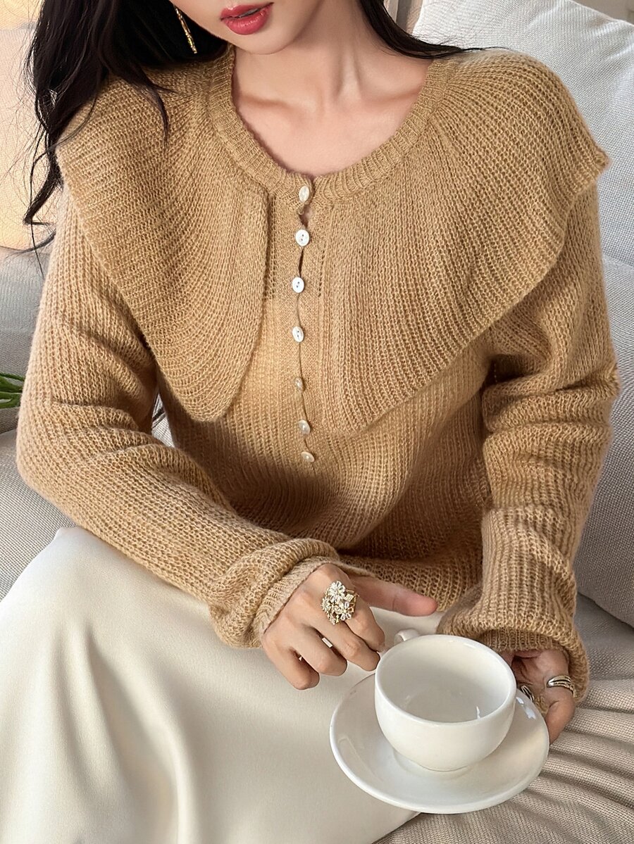 DAZY Women's Khaki Round Neck Pearl Button Loose Short Chunky Knit Long Sleeve Casual Cardigan Jacket - Yellow - View 1