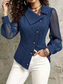 LUMIGAL Blus Kasual Wanita dengan Motif Jala dan Patchwork untuk Pemakaian Sehari-hari - Navy Blue - View 3