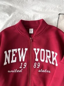 Kids Tween Girl 1pc Letter Graphic Zip Up Thermal Lined Bomber Autumn Winter Jacket & 1pc Wide Leg Sweatpants Set - Burgundy - View 7