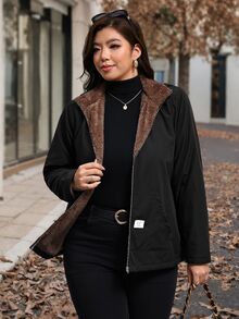 Chikora Plus Size Hooded Thermal Lined Denim Zipper Long Sleeve Jacket - Black - View 3