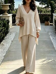 LUMIGAL Relaxed Fit V Neck Asymmetric Hem Drop Shoulder Ribbed Cuff Long Sleeve Loose Pullover Top High Waist Elastic Waist Wide Leg Straight Pants Women Sweater Two Pieces Set - Apricot - View 3