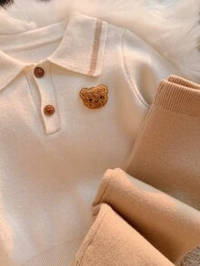 SHEIN 中性嬰兒男孩/女孩幼兒 2件組秋冬加厚抓絨針織毛衣套裝，嬰兒針織套裝，嬰兒毛衣，嬰兒套裝，聖誕節 - 卡其色 - 查看 8