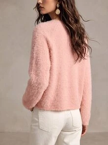SHEIN كارديجان محبوك من الصوف الناعم بقصة فضفاضة متعددة الاستخدامات بصف واحد من الأزرار - وردي - مشاهدة 2