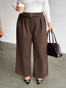 Firerie Plus Size Casual Elegant Metal Buckle Loose Pants - Brown - View 1