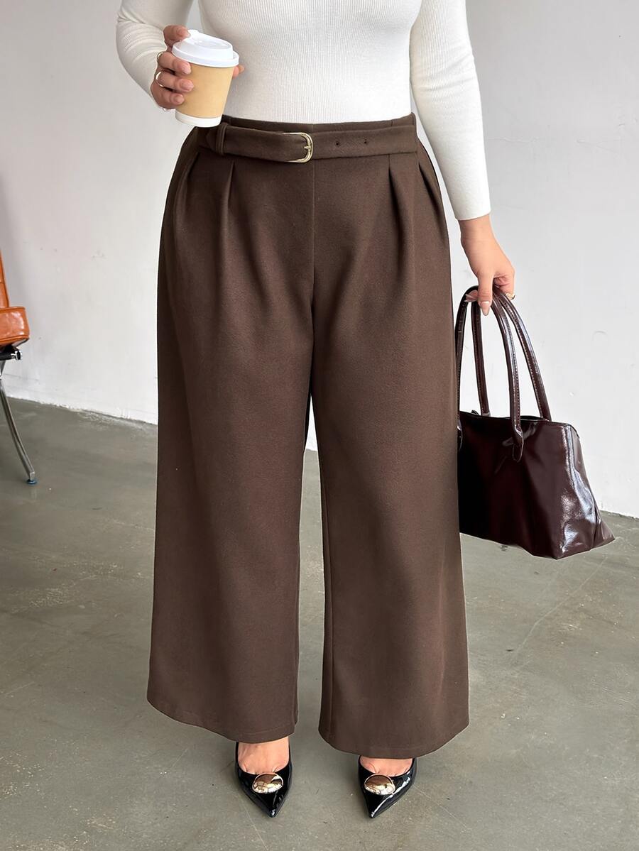 Firerie Plus Size Casual Elegant Metal Buckle Loose Pants - Brown - View 1