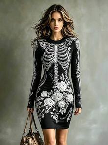 Halloween Skull Rose Print Fitted Bodycon Mini Dress Women Round Neck Long Sleeve Party Plus Size Dress - Multicolor - View 1