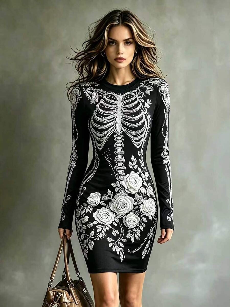 Halloween Skull Rose Print Fitted Bodycon Mini Dress Women Round Neck Long Sleeve Party Plus Size Dress - Multicolor - View 1