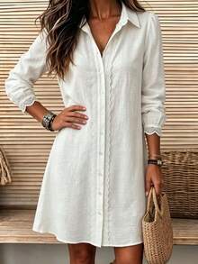 Breezaya Women's Fashion Casual Button Lace Patchwork Dress - White - View 4