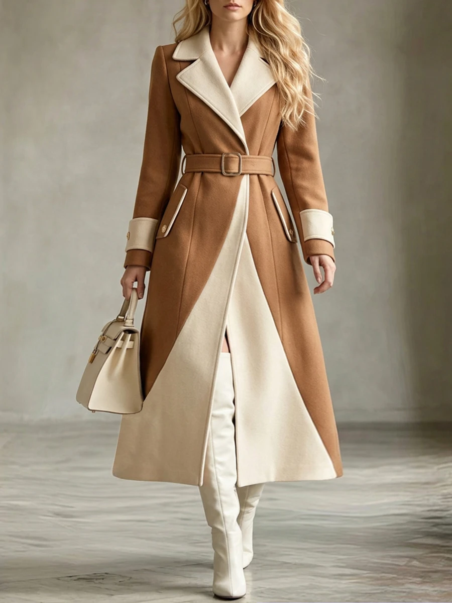 Yalmera Women's Colorblock Lapel Neck Long Sleeve Elegant Overcoat - Khaki - View 1