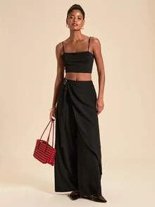 Travachic Women's Solid Color Side Waist Buckle Design Wide Leg Loose Long Pants - Black - View 7