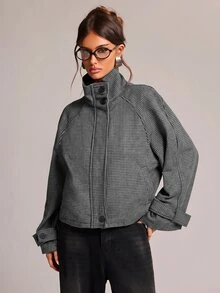 SHEIN BAE 女款全印花立領休閒日常長袖夾克 - 黑色 - 查看 7