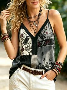 Selamara Plus Size Bohemian Patchwork Print V Neck Spaghetti Strap Tank Top - Multicolor - View 3