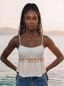 CAJUNI Spaghetti-Strap Top Featuring Special Shell-Style Fabric And Trim; Perfect For A Chic, Elegant, And Casual Summer Vacation Look. - Beige - View 7